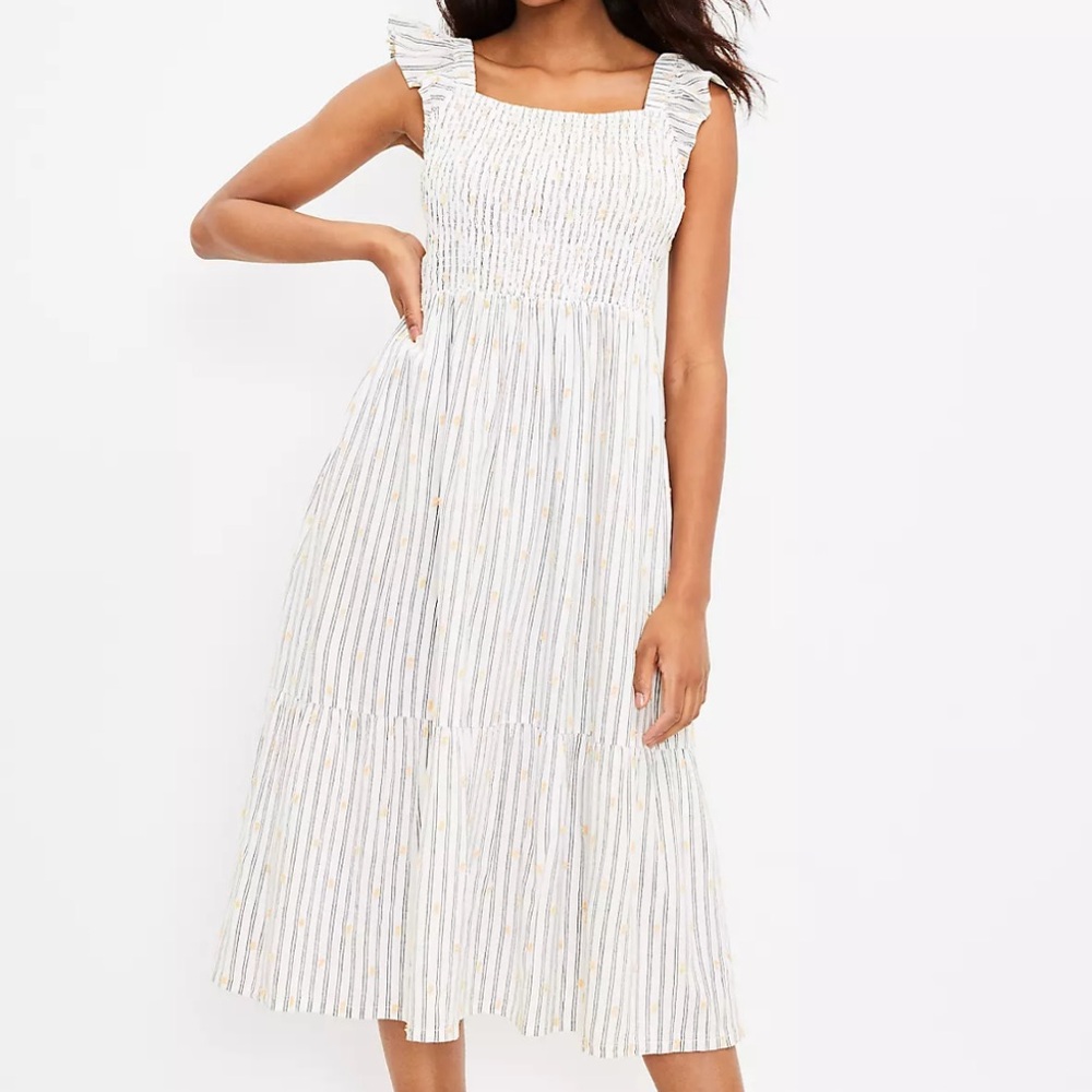 Petite Clip Stripe Smocked Ruffle Midi Dress